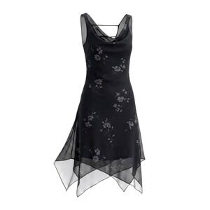 Vtg Black Glitter Floral Mesh Dress M Burnout Velvet Whimsigoth Asymmetric